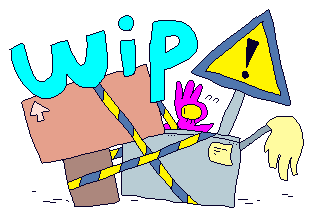 a stack of boxes held together with caution tape, the word WIP is written over it in cyan text. a little magenta snail alien thing nervously peeks from behind the stack.